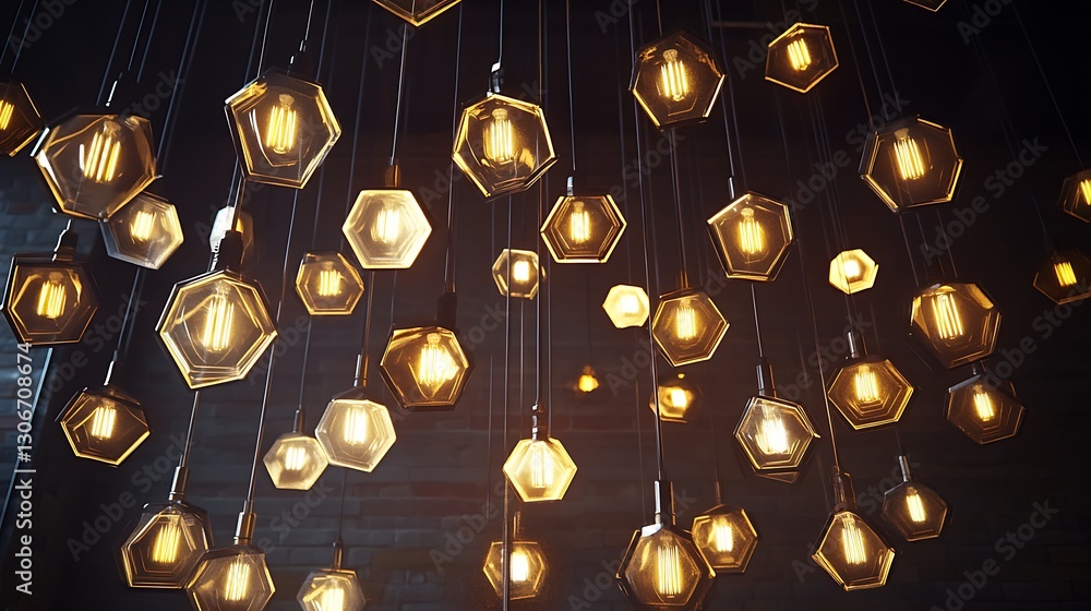 Poster geometric industrial lighting decor with hexagonal patterns lightbulb installation abstract concept 