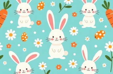 Seamless pattern with bunny rabbit cartoons, Easter eggs, carrot and daisy flower on blue background 