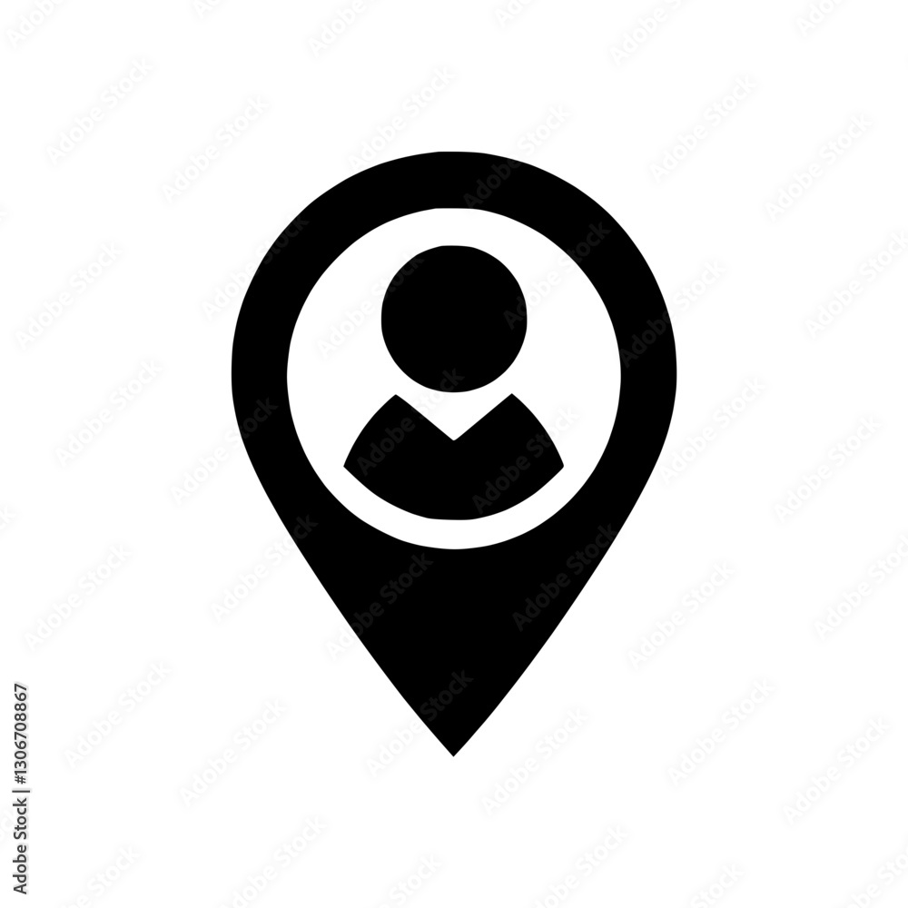 Poster silhouette location pin icon with user silhouette, representation of a user or profile in a geograph