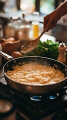 Enthusiastic person cooking delicious food on a stove surrounded by fresh ingredients