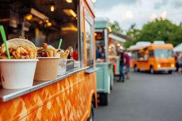 Food Truck Festival, Colorful food trucks lined up, showcasing delicious meals in vibrant settings.