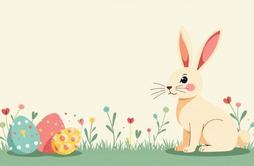 Fototapeta premium Banner with Easter. Fashionable Easter design with typographic, hand -drawn with strokes and dots, eggs, rabbit ears, pastel colors. Modern minimalistic style. Horizontal poster, congratulatory postca