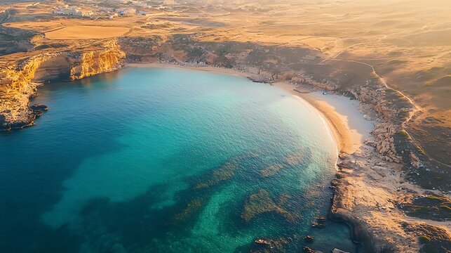 aerial shot of golden beach at ramla bay in early morning with calm waves and stunning coastline creating serene travel landscape