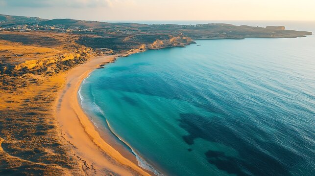 aerial shot of golden beach at ramla bay in early morning with calm waves and stunning coastline creating serene travel landscape