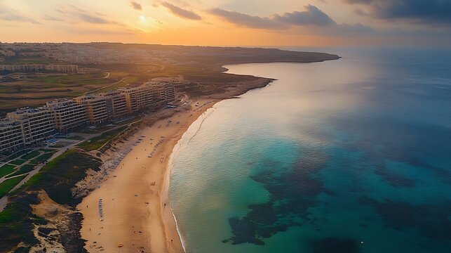 aerial shot of golden beach at ramla bay in early morning with calm waves and stunning coastline creating serene travel landscape