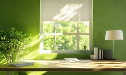 Green Office Interior with Desk and Window