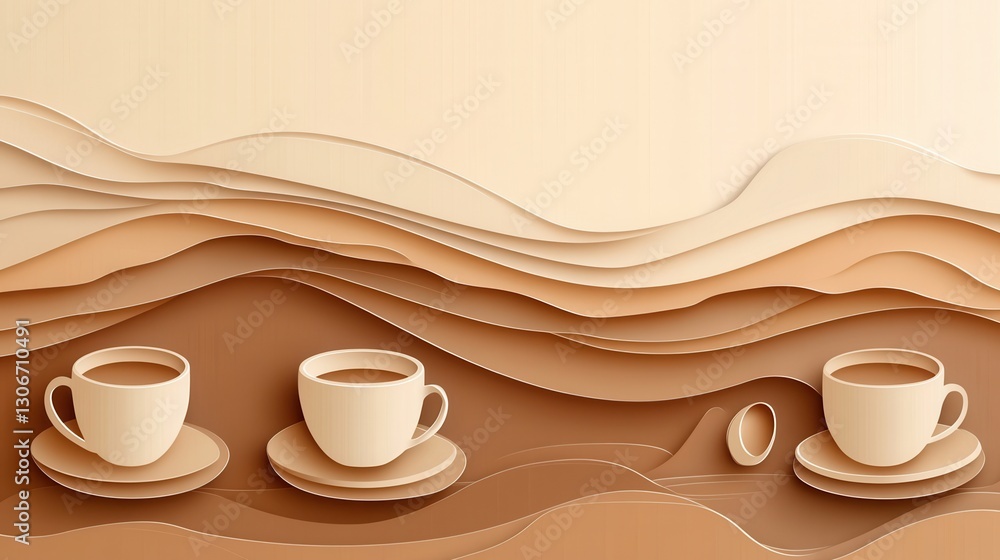 Poster cozy paper art background with layered silhouettes of coffee cups and utensils in warm tones for inv