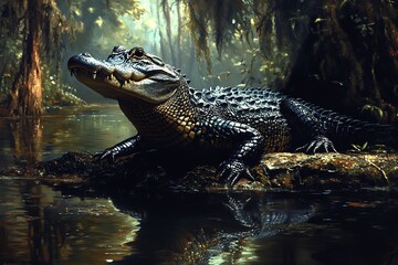This portrayal captures the ancient allure of an alligator in its natural domain, emphasizing its silent movement through shadowy, mysterious waters and the enduring balance between predator