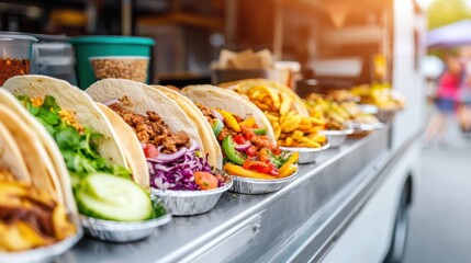 Food Truck Festival, Colorful tacos displayed in a food truck, showcasing various fillings and vibrant toppings in a sunny setting.