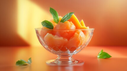 Peach sorbet in glass bowl with fresh mint leaves, cool and refreshing, ultra-detailed, 8k