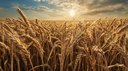 Vast Golden Wheat Field at Sunset -  Rural Harvest Landscape Beauty