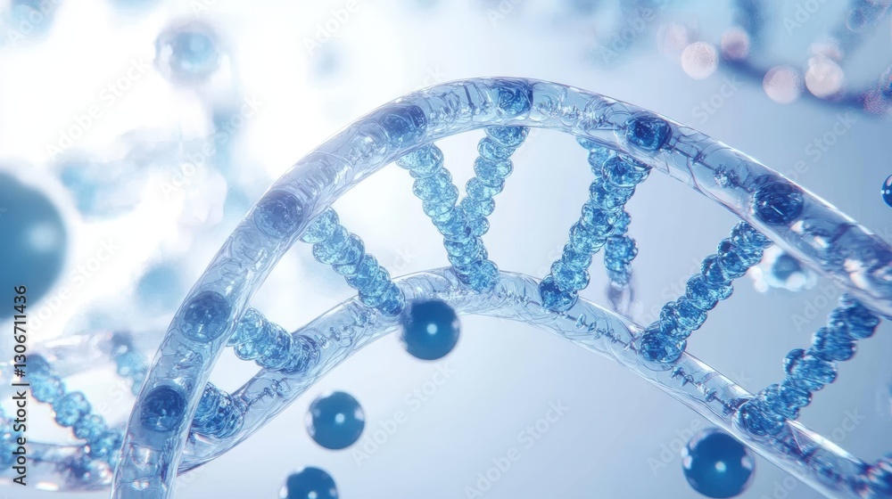 Poster close up of a double helix structure with vibrant blue molecules representing genetic material in a 