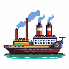 Pixel Art Steamship on the Ocean with Blue Sky and Smokestacks
