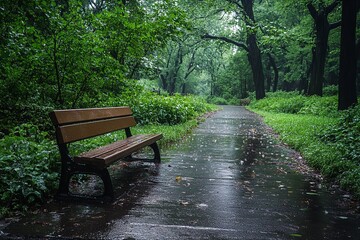 The otherworldly charm of a park transformed by celestial raindrops, where glistening droplets cling to lush greenery, pathways shimmer with radiant light, and welcoming benches