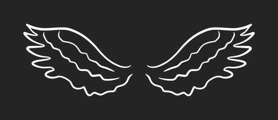 Doodle angel wing, vector sketch wings. Hand drawn bird tattoo silhouette. Illustration on black background. Fly symbol. Single element