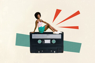 Composite art 3d creative image collage of happy american girl sit retro cassette music occasion...