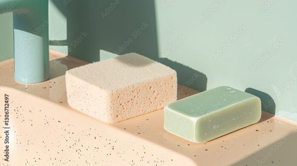 Poster two soap bars on a beige countertop against a light green wall. the soap bars are rectangular in sha
