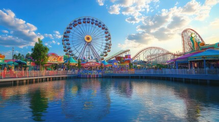 Obraz premium Spectacular amusement park scene with ferris wheel, roller coaster and water