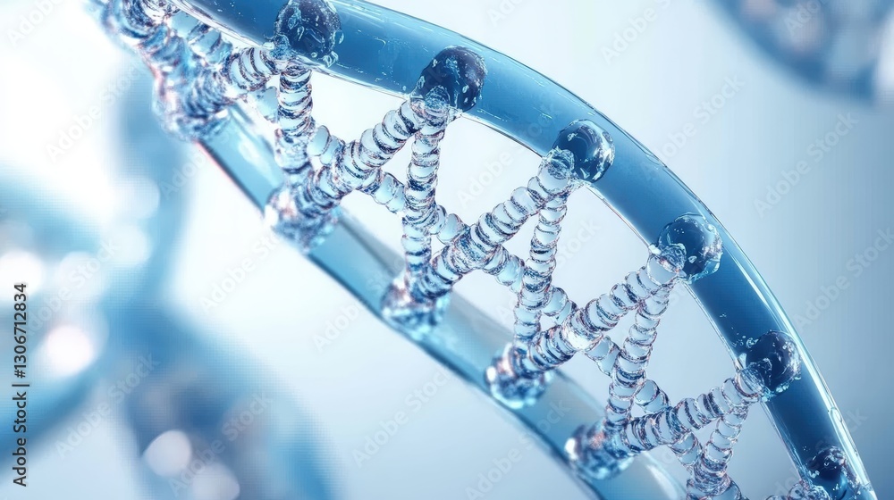 Poster close-up view of a glowing double helix structure displaying intricate molecular elements with a blu