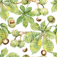 Seamless pattern of elements with chestnut, greenery, twigs, leaves and fruits. Hand drawn watercolor illustration isolated on white background