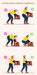 Carrying lifting heavy loads boxes a set of vector flat illustrations, Hand drawn posture correction infographics 2D Perfect for Animation