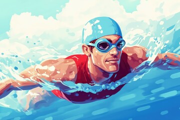 Dynamic swimmer breaks through waves in vibrant colors.