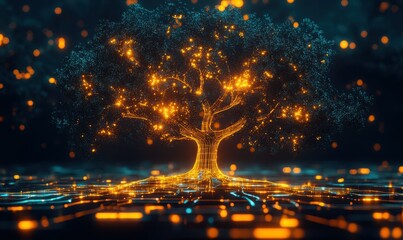 Naklejka premium Illuminated Technological Growth - Digital Tree with Glowing Branches and Nodes