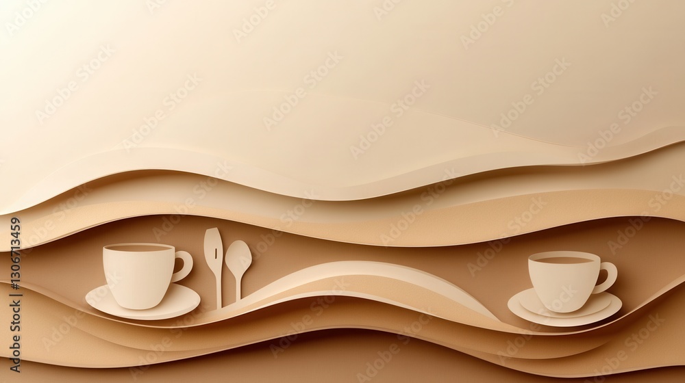 Poster cozy paper art background with layered silhouettes of coffee cups and utensils creating an inviting 