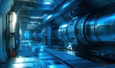 Fototapeta premium Industrial corridor with large metallic pipes and blue lighting.