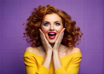 A Woman with Red Curly Hair Expressing Surprise in a Yellow Sweater.