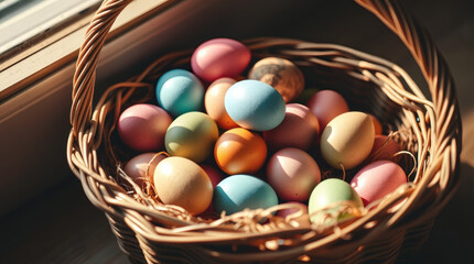 Easter basket overflowing with colorful eggs | generative AI