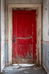 A weathered red door in a dilapidated hallway, showcasing peeling paint and aged walls