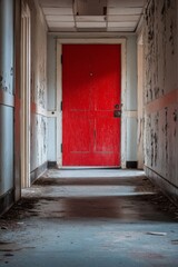 Obraz premium Abandoned corridor featuring a vibrant red door at the end with peeling walls and debris
