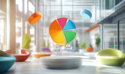 Fototapeta premium Interactive Floating Pie Charts in a Modern Office Environment Showcasing Data Visualization Techniques for Engaging Presentations and Analysis