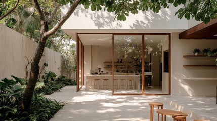 A serene minimalist tucked in a lush urban garden, featuring a smooth white facade, floor-to-ceiling glass doors, and an outdoor seating area with wooden stools
