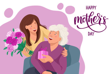 Horizontal card with adult daughter and mom. Vector illustration