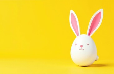 Fototapeta premium Festive Easter horizontal flyer, banner, header for website with white cracked egg and banny ears on a yellow background. Trendy Easter design with egg, bunny. Greeting card with text Happy Easter 
