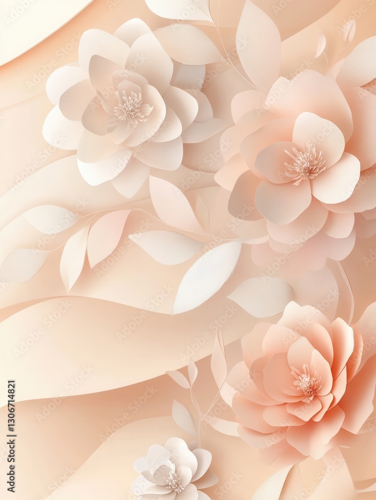 Poster delicate paper art background featuring soft pastel flowers and leaves for elegant design and decora