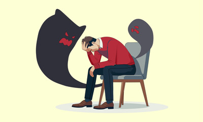 Depressed businessman, facepalm illustration, business design drawing frustrated businessman holding head sitting alone, Obsessive Headache, Fatigue attack