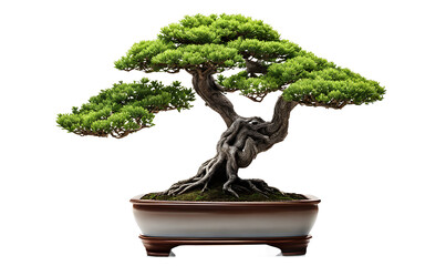 A delicate bonsai with small green leaves, isolated on a empty plain background