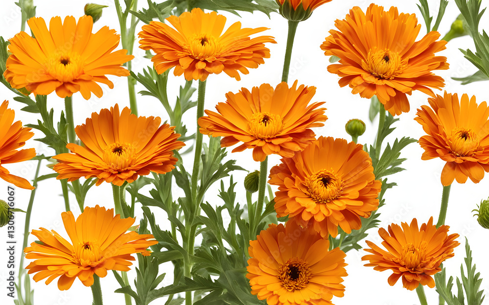 Poster a flowering calendula with bright orange-yellow blooms, isolated on a empty plain background