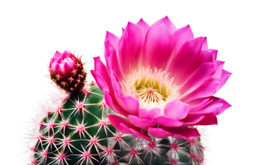 A flowering cactus with bright pink blooms, isolated on a empty plain background