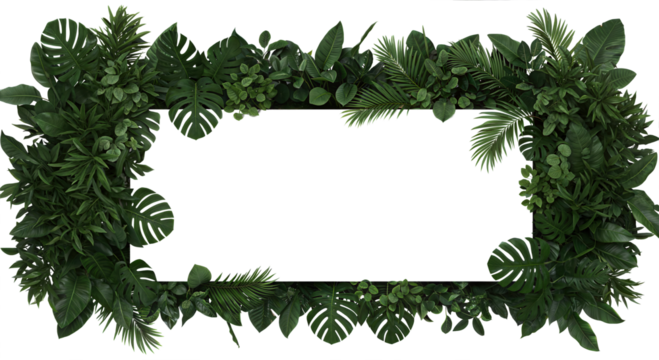 Green tropical leaves frame border with copy space. Monstera, palm, rubber plant, pine, bird's nest fern. PNG, cutout, or clipping path.