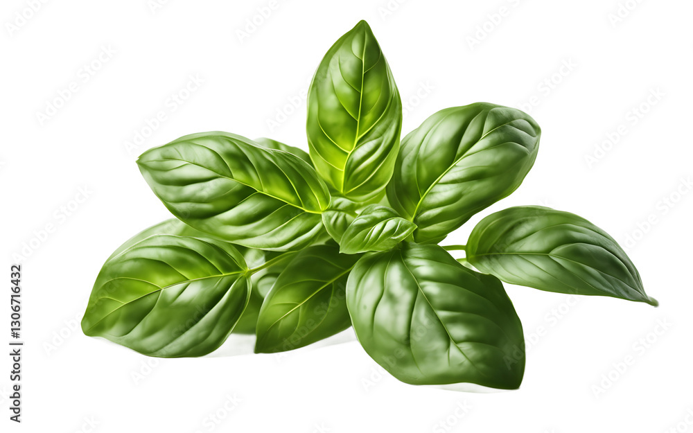 Poster a fresh green basil plant with aromatic leaves, isolated on a empty plain background