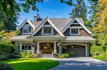 Beautiful home in Vancouver, British Columbia, a white house with a shingle roof and a large front porch, a front yard with green grass, a bright blue sky, and trees in the background
