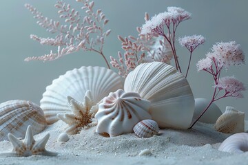 A minimalistic arrangement of seashells, coral branches, and soft pink floral accents on a textured white sand surface. A tranquil and elegant design for spa, wellness, or coastal-inspired projects.