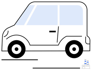 Modern compact car driving with industrial elements hinting at an eco-conscious future. Ideal for transportation, renewable energy, urban life, technology, innovation, sustainability, clean design