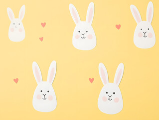 Fototapeta premium Cute and simple Easter wallpaper featuring minimalist bunny faces and hearts on yellow background, perfect for festive decoration