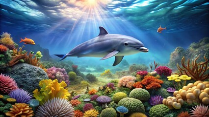 Fototapeta premium Mysterious Dolphin Swimming Near Coral Reef, mirage , tropical fishes, mirage ,tropical fishes,dolphins