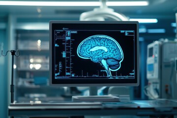 High tech medical imaging of a brain scan displayed on a monitor in a modern surgical environment, highlighting advanced healthcare technology and its applications